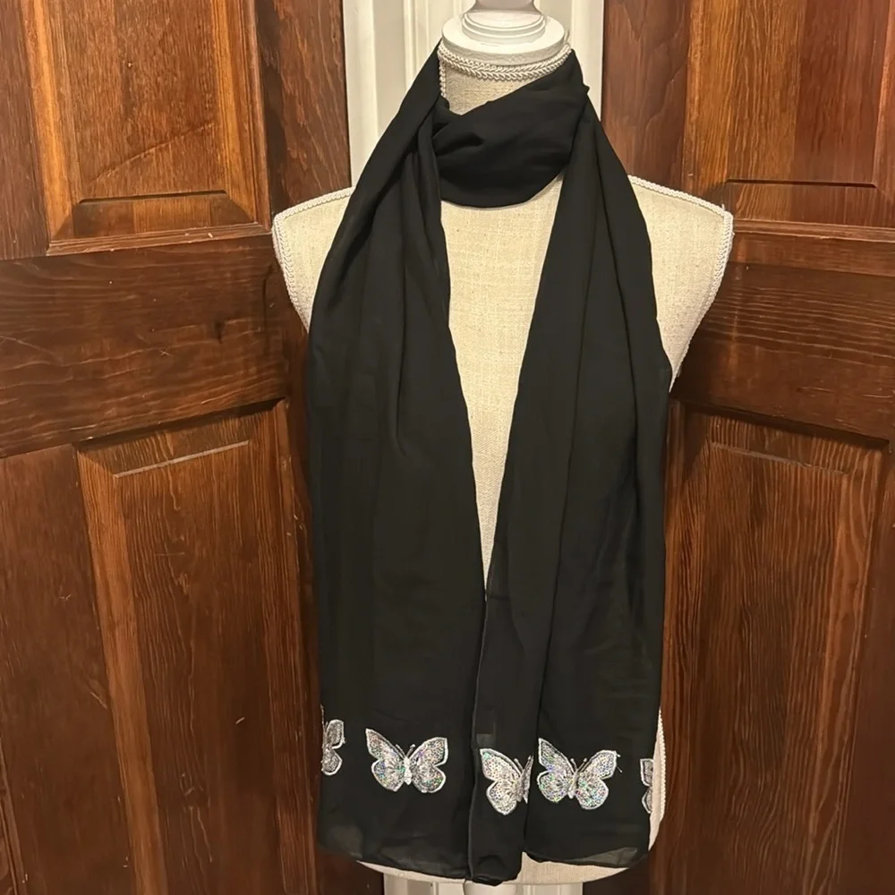 Studio Black Scarf With Silver Butterflies